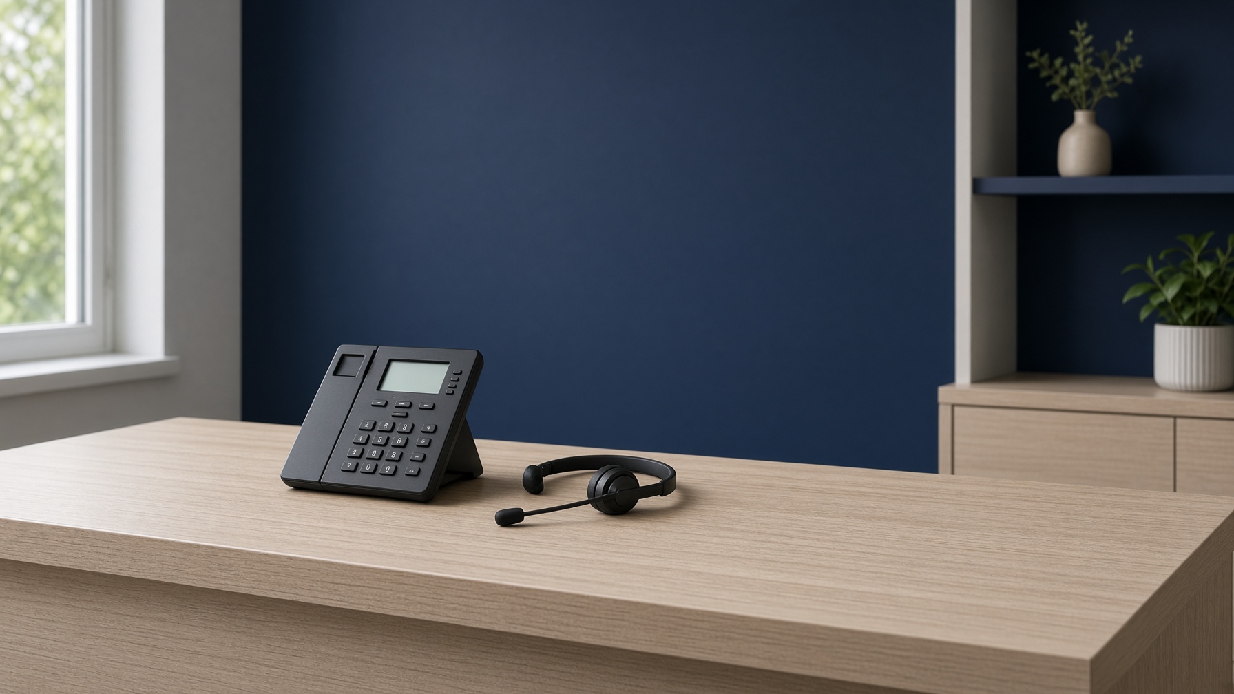 A business desk phone and headset on a reception counter